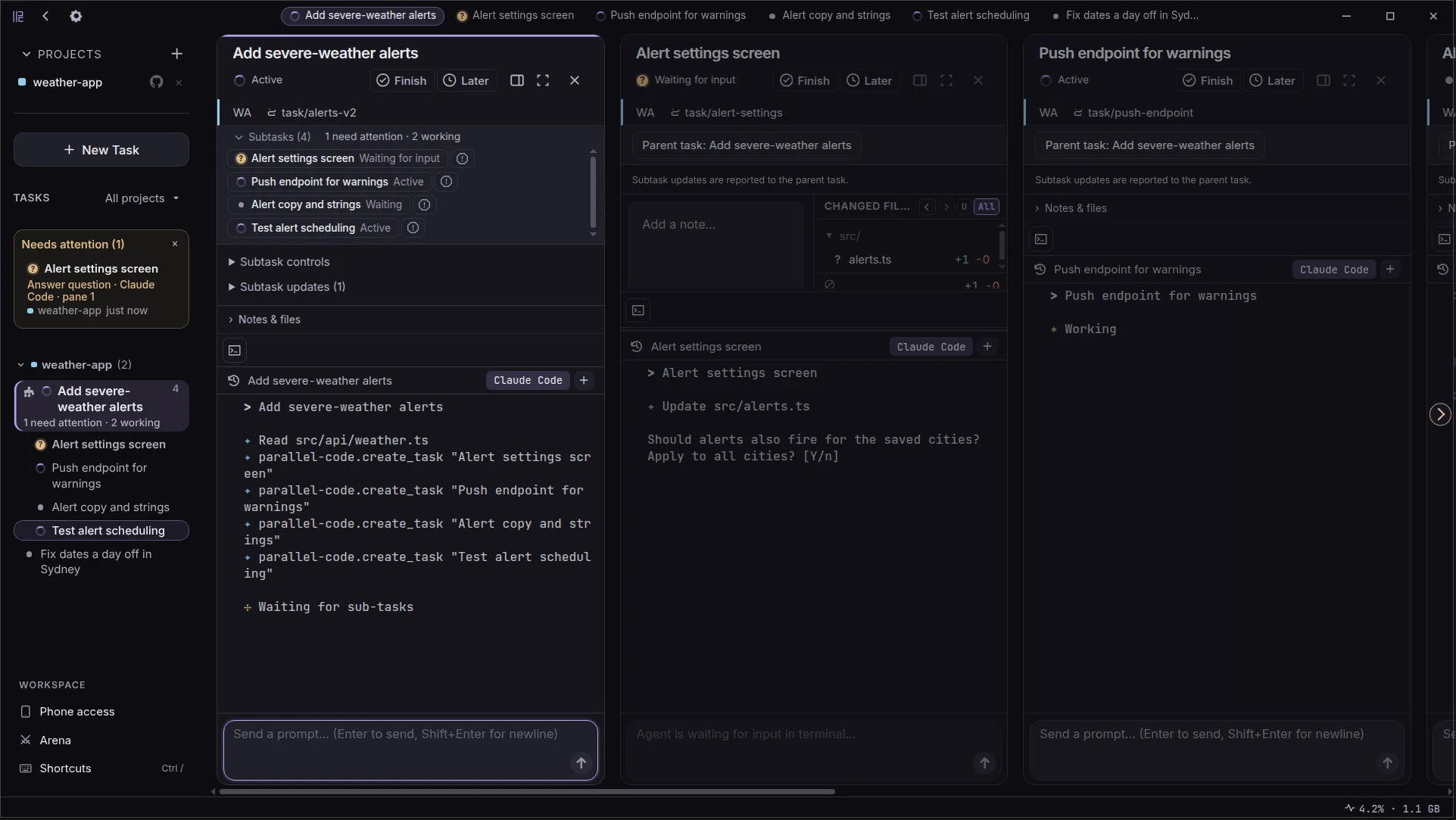 An agent splitting a feature into four Parallel Code tasks; the one waiting for input is listed first in the sidebar